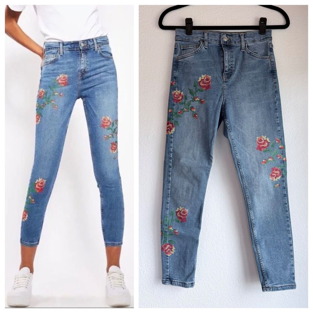 Topshop Womens Moto Jamie High Rise Skinny Floral Cross Stitch Embroidery Jeans